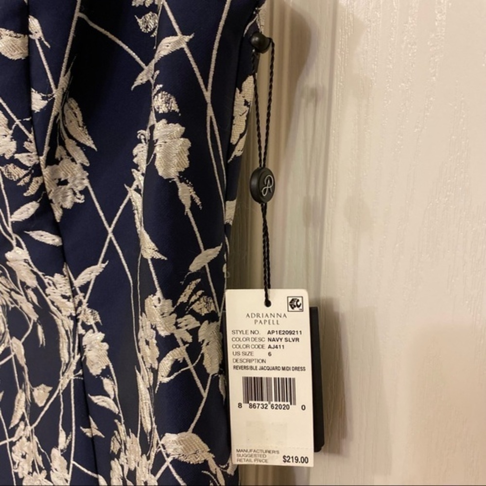 Adrianna Papell REVERSE Jacquard Midi Dress in Navy Blue / Silver - Picture 14 of 14